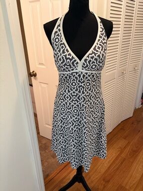 Tommy Bahama Scrollwork Grey and White Halter Dress
